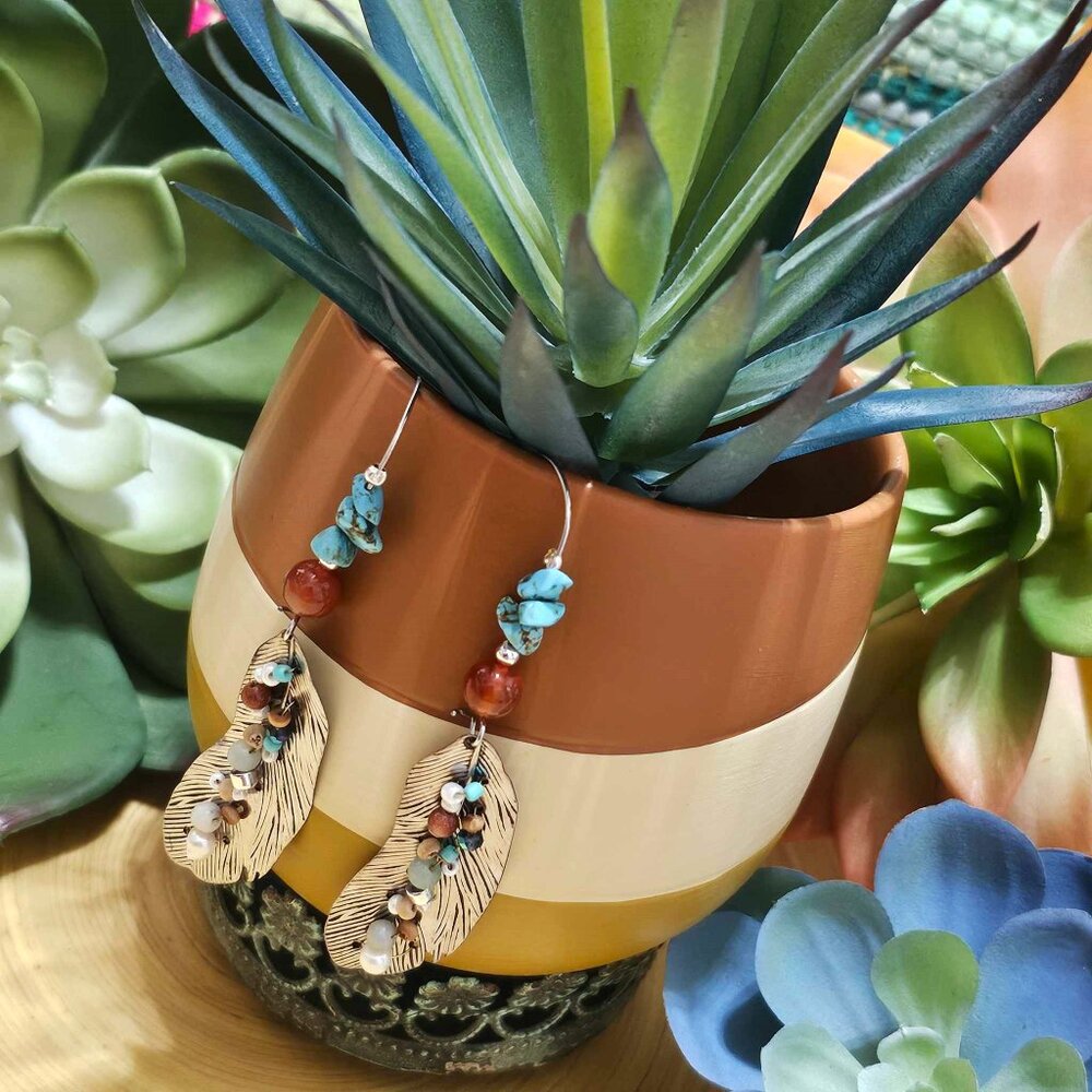 Artisan Earrings Southwestern Silver Feathers Turquoise Carnelian Multi Beaded - Picture 3 of 11